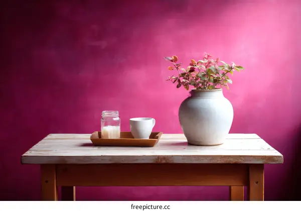 Pink Wall Decor with Simple Tableware and Vase