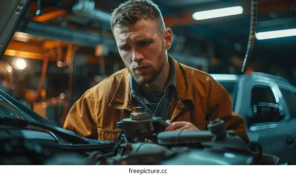 A mechanic is inspecting the engine of a car.