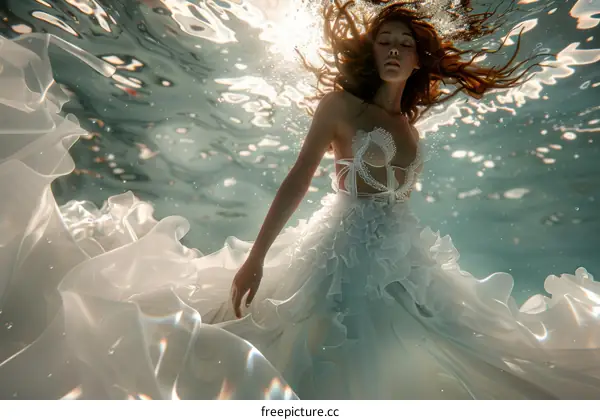Ethereal Beauty of a Woman in a White Dress Floating Under the Waves