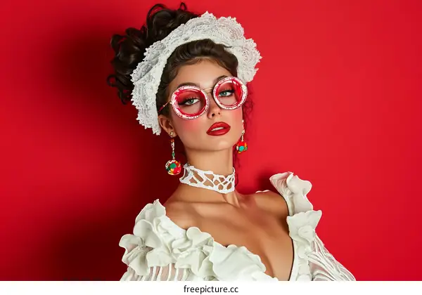 Fashionable Woman in a Retro Style Dress with Accessories