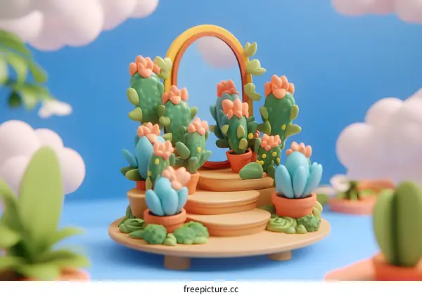 3D Rendered Illustration of Cactus Garden with Mirror