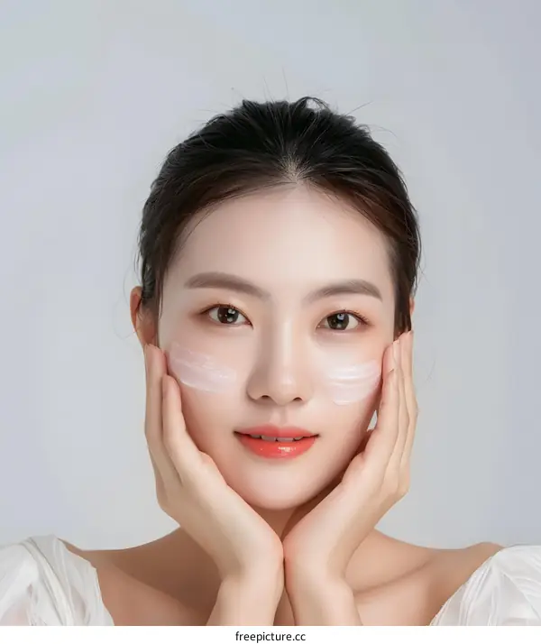 Beautiful Asian Woman Applying Face Cream on her Cheeks