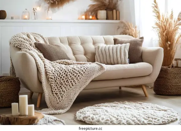 Cozy Beige Sofa with Knitted Throw and Pillows
