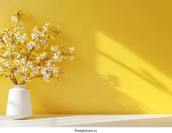 White Vase with Yellow Flowers on a Yellow Background