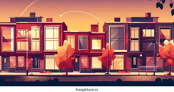 Sunset Cityscape with Row of Houses