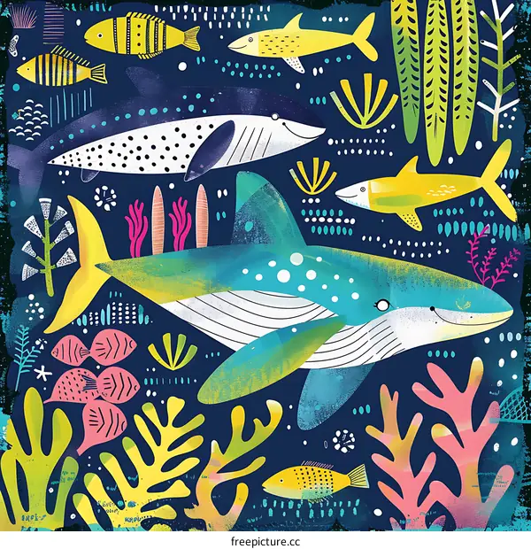 Underwater Illustration with Whale, Fish and Coral Reef