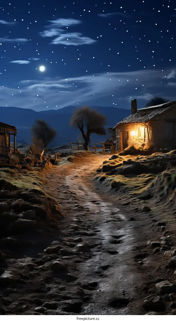 A dirt road leading to a small house in the mountains at night