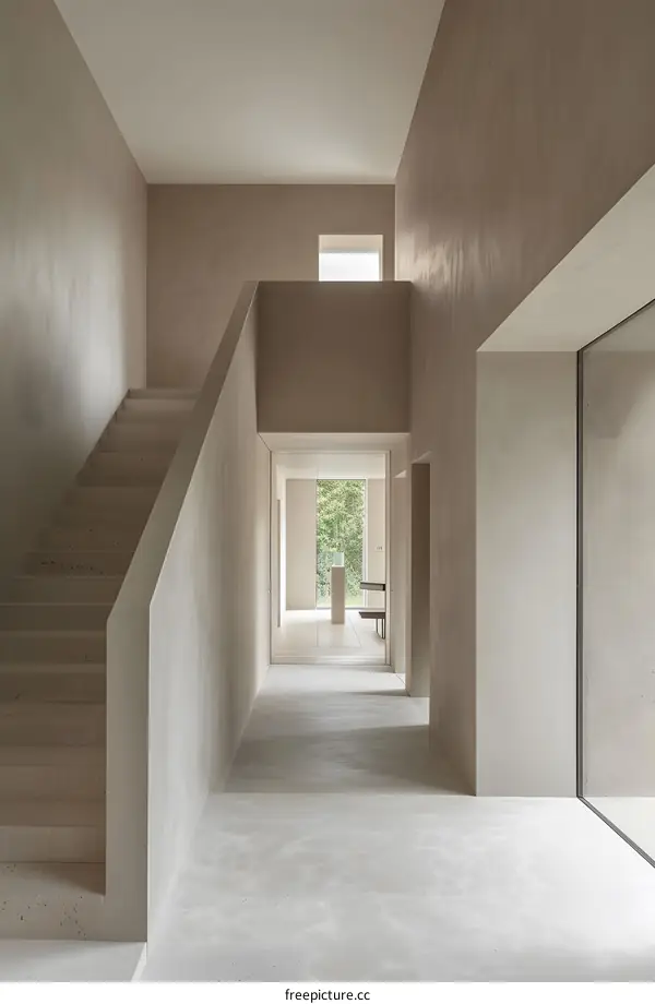 Modern Minimalist Interior Design Concrete Stairs and Hallway with Glass Window