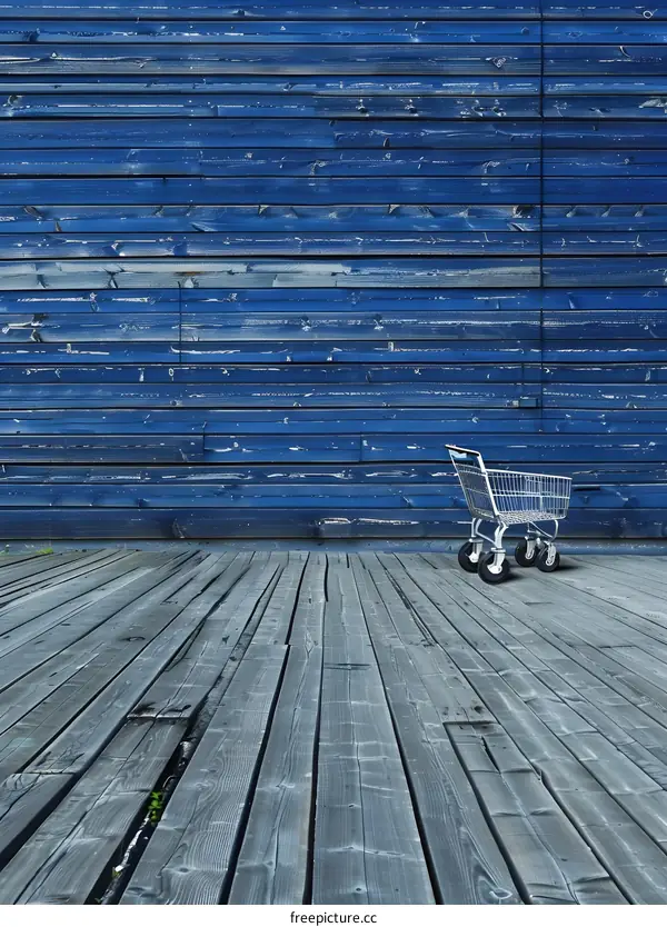 Blue Wooden Wall and Grey Wooden Floor with Empty Shopping Cart