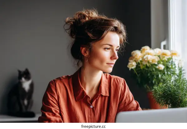 Woman Working at Home with Laptop