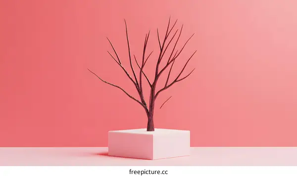 Minimalist 3D Render of a Bare Tree in a White Cube on a Pink Background