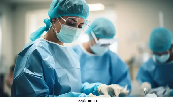 A team of surgeons perform an operation in a hospital operating room.