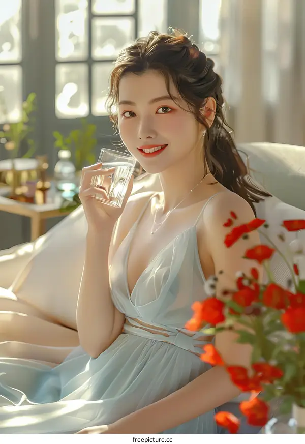 Elegant woman in blue dress sitting on bed and drinking water