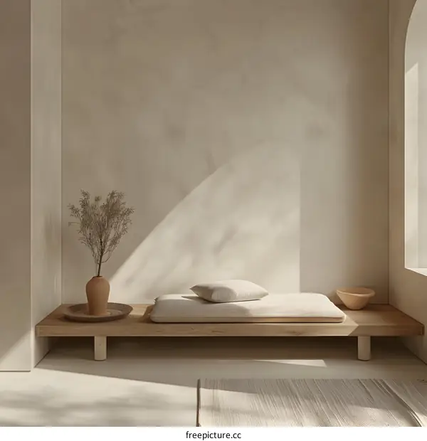 Minimalist Interior Design with Wooden Platform Bed and Dried Flowers