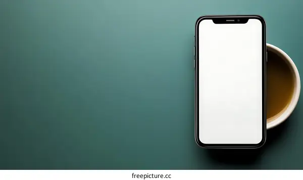 Modern Smartphone with Coffee Cup on Green Background