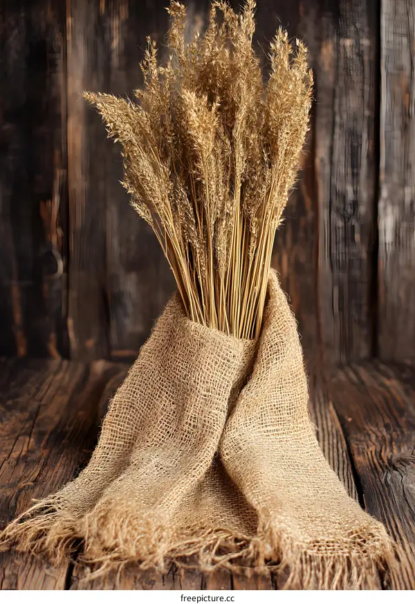 Dried Wheat Stalks in Burlap Sack on Wooden Background