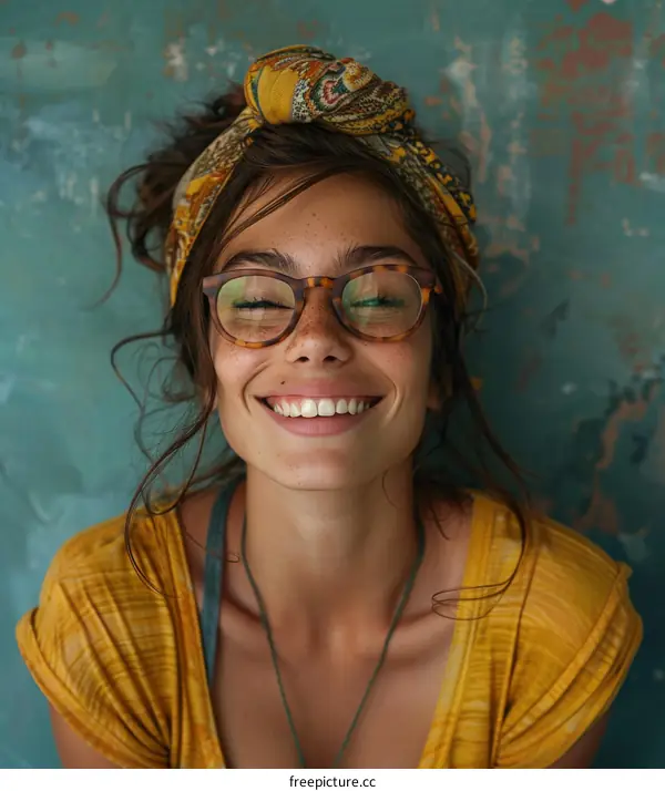 portrait of a smiling young woman with freckles and glasses