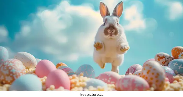 A cute white bunny hopping over colorful Easter eggs