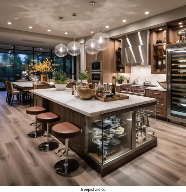 Modern kitchen with large island and glass globe light fixtures