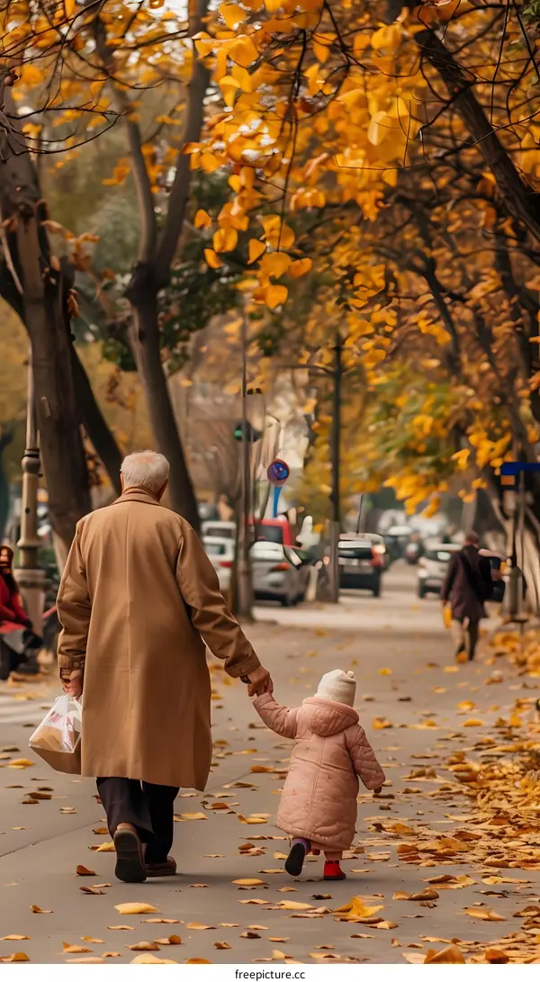 Grandfather and Grandchild Walking in Autumn