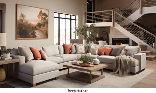 A cozy living room with a large sectional sofa, coffee table, rug, and fireplace
