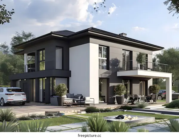 Modern House Exterior Design with Patio and Yard