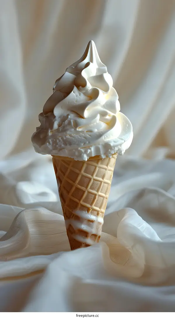 Close Up of Vanilla Ice Cream Cone on White Fabric Background