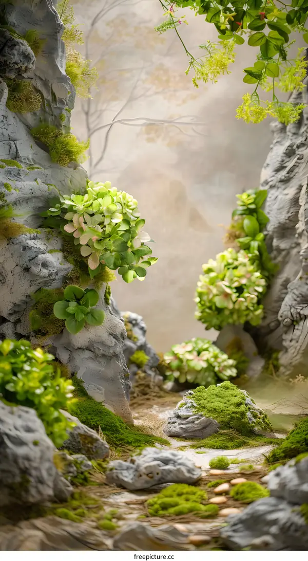 Green Plants Growing On Rocks In A Forest Setting