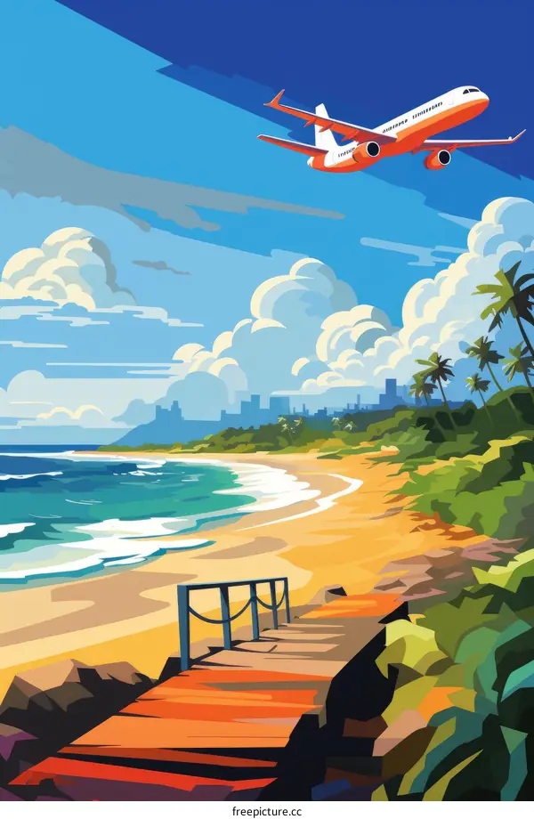 Beachfront With Airliner Flying Overhead