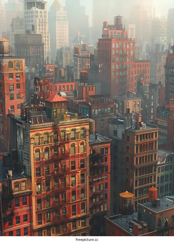 Dense Cityscape with Numerous Rooftop Water Towers