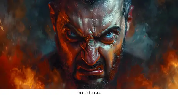 portrait of a man with a beard and blue eyes, fire in the background