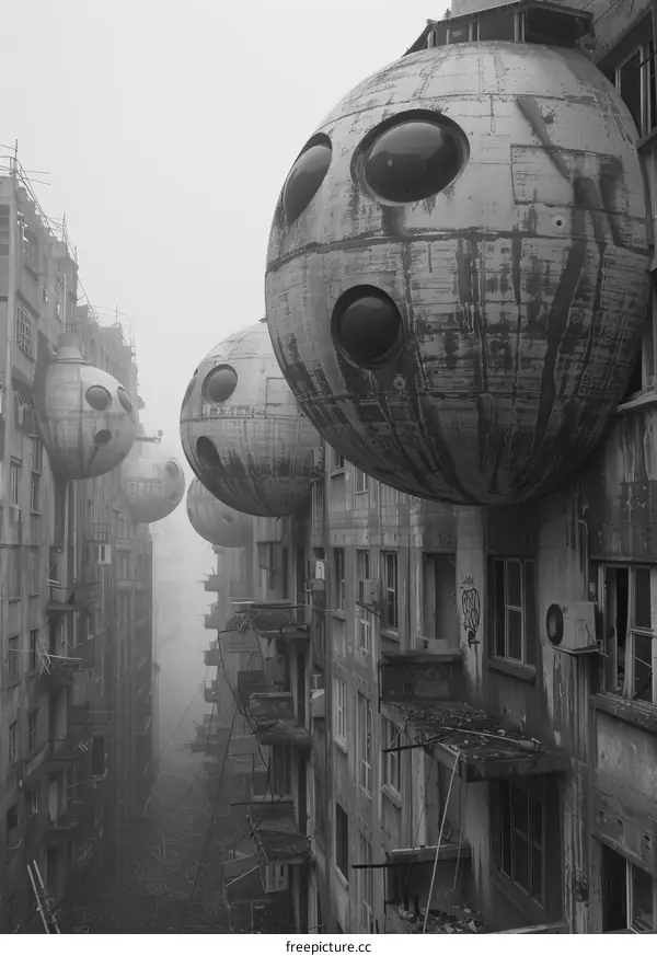 Futuristic cityscape with large spherical structures attached to buildings