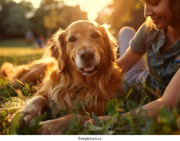 Golden Retriever lying on the grass with a girl
