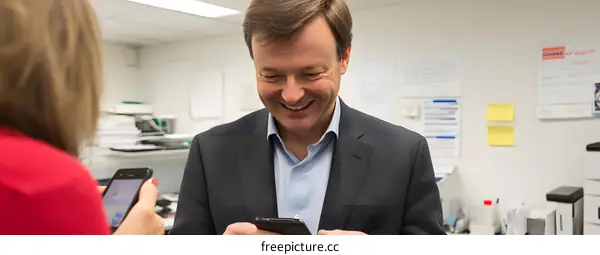 Smiling Man Looking at Smartphone with Coworker