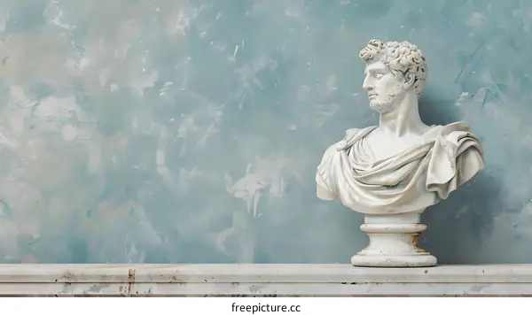 Marble Bust of a Man on a Shelf Against a Blue Wall