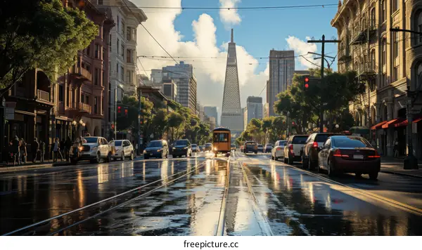 A cable car on a busy street in San Francisco