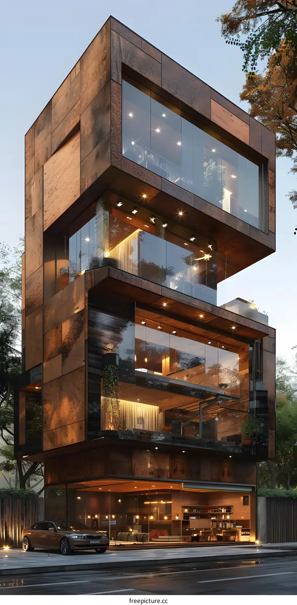 Modern Building Design With Wooden Panel And Glass Walls