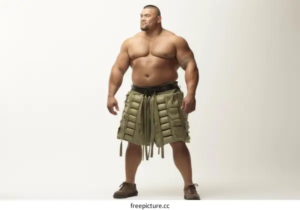 A muscular man with a shaved head and tattoos is wearing a kilt and looking to the right.