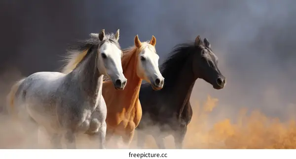Three Horses Running Through Dusty Field