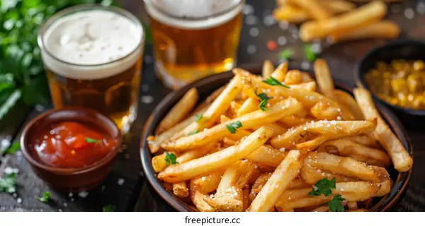Crispy French Fries with Ketchup and Beer