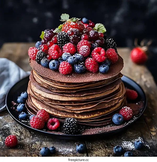 Delicious Chocolate Pancakes Decorated with Fresh Berries