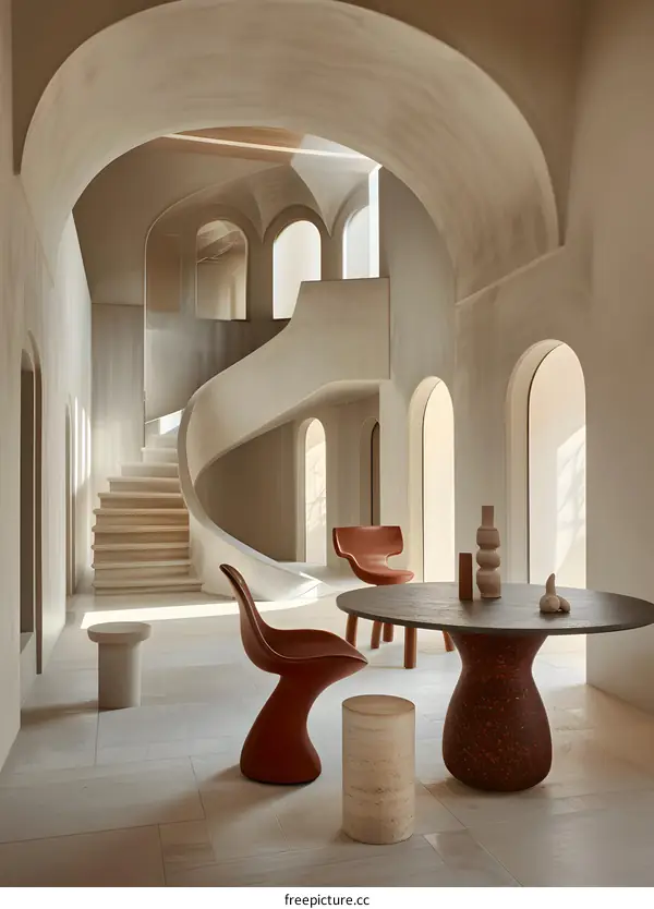 Modern Interior Design with Curved Staircase and Arched Windows