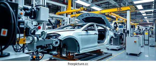 Car Assembly Line in Modern Factory with Robotic Arm