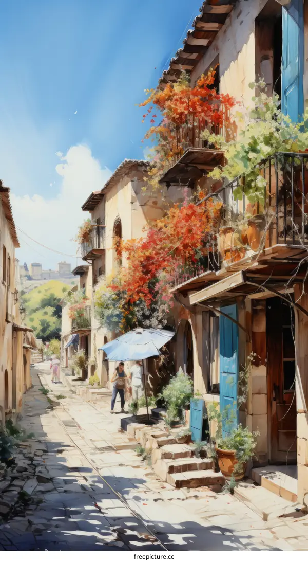 A painting of a narrow street with stone buildings and colorful flowers