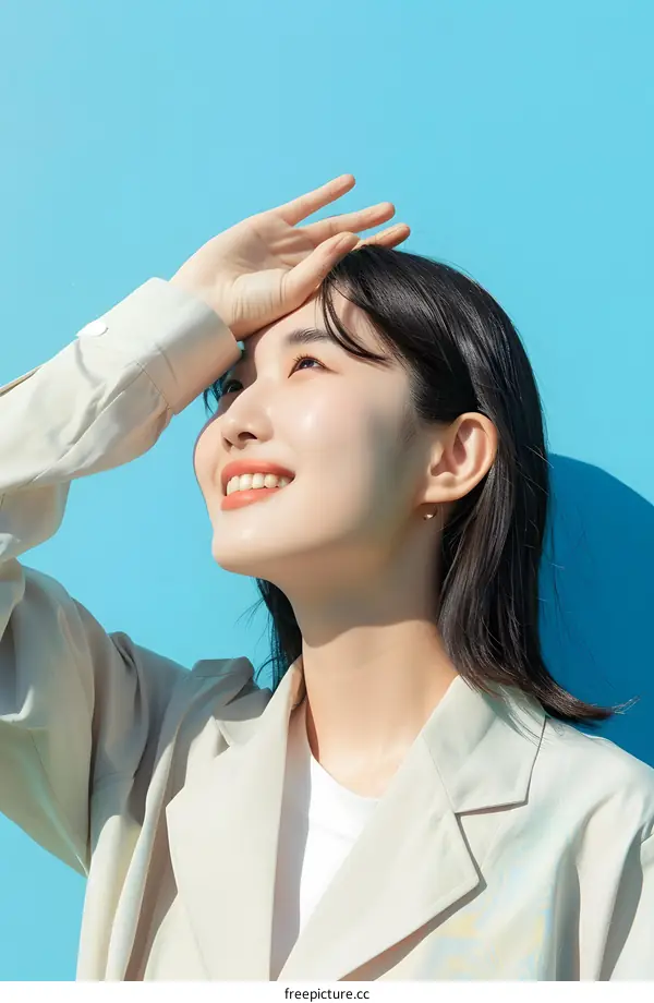 Smiling Woman In White Blazer Posing Against Blue Background