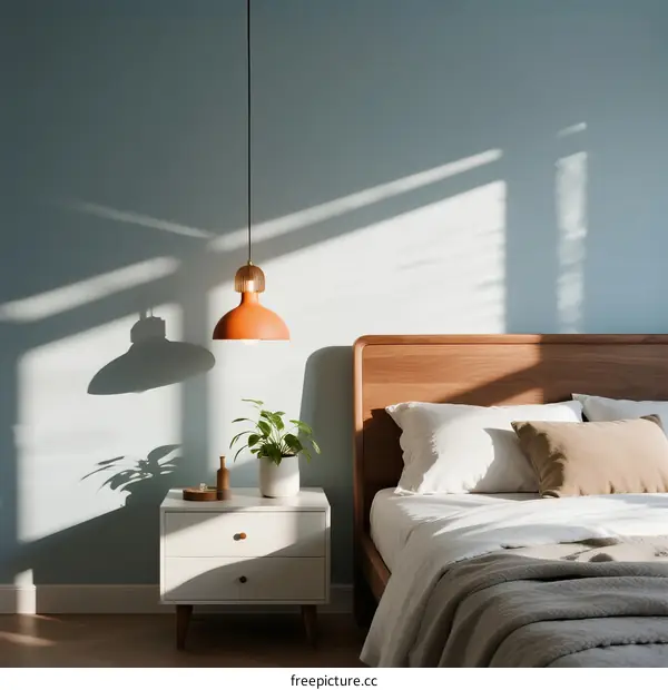 Cozy bedroom with wooden headboard and modern pendant lamp
