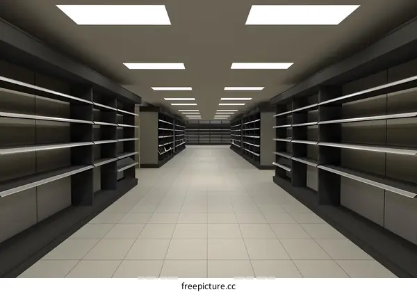 Empty Super Market Aisle With Shelving