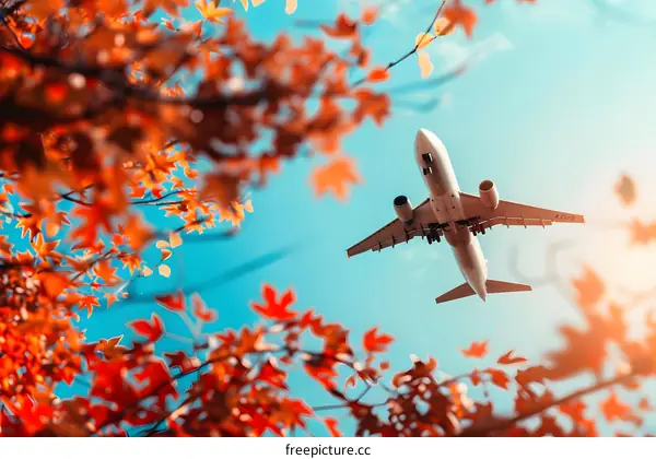 Airplane Flying Over Autumn Leaves