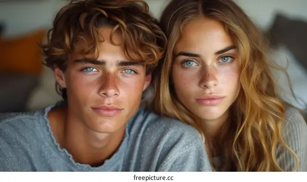 Portrait of a young man and woman with freckles