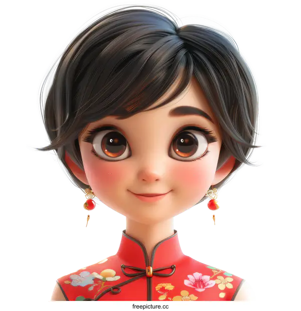 3D rendering of a young woman with short black hair, brown eyes, and red lips. She is wearing a red and gold cheongsam with floral embroidery.